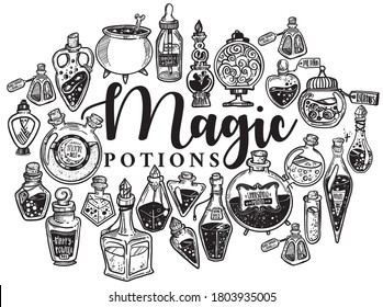 Black and white collection of magic potion bottles for halloween
