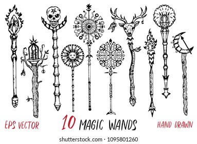 Colección en blanco y negro con varitas mágicas. Dibujado a mano doodle ilustración grabada con dibujos gráficos