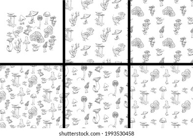 Black and white collection of mushroom patterns in doodle style. Set of five images and individual elements for self-design.