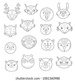 Black and white collection of northern animals muzzle painted in Scandinavian style. Vector illustration