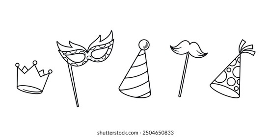 Black And White Collection Of Party Accessories. Vector Crown, Masquerade Mask, Party Hat, Mustache On A Stick