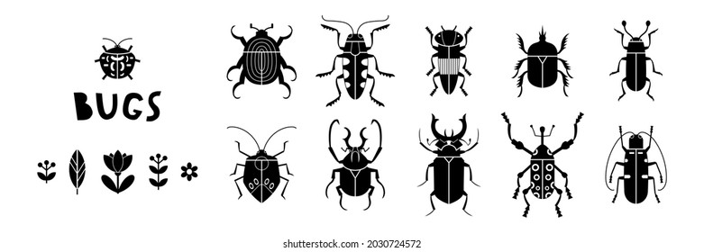 Black and white collection of retro bugs and florals. Vector illustration set of beetles in vintage style 1960s.