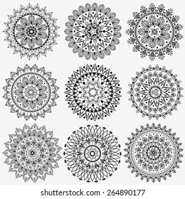 Black and white collection round circle lace pattern mandala. Vector illustration.