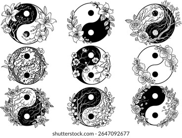 Uma coleção em preto e branco de Yin Yang Harmony of Flowers. Nove símbolos Yin Yang distintos misturam-se lindamente com vários arranjos florais.