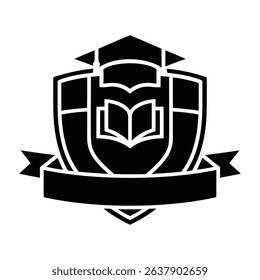Black and white college or university crest emblem featuring academic symbols and banner