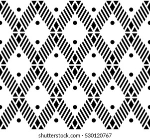 Black and white color argyle, diagonal stripes line and dot seamless pattern background.