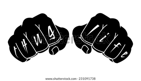 指に刺青の付いた白黒の腕 白い背景に握り拳のイラスト のベクター画像素材 ロイヤリティフリー