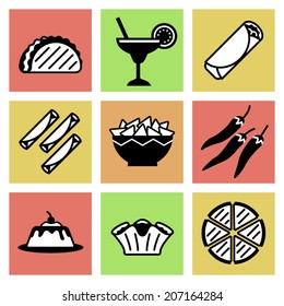 Black & White with Color Background Vector Mexican Food Icons