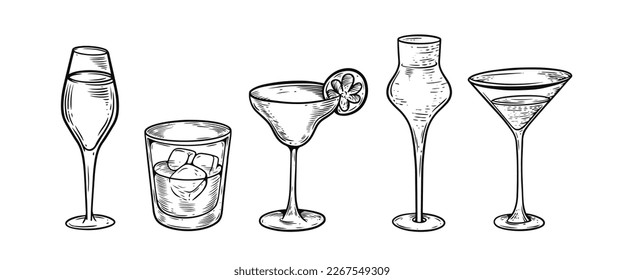 Black and white color cocktails or drinks glasses vector art illustration isolated on white background.