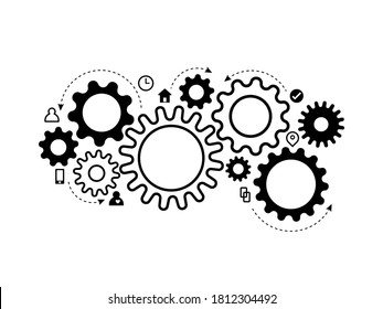 Black and white color of cogwheel gears mechanical system cartoon design with icons. Cooperation teamwork, strategy, network, digital, service, communication business concept,vector illustration.