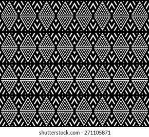 Black and white color ethnic seamless pattern background vector. Repeating geometric shapes with lattice and stripe triangle.