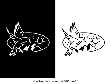Black and white color of flying bird line art design