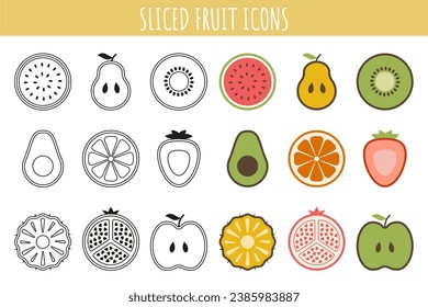 Сollection of black white and color fruit icons. Sliced fruit. Vector illustration