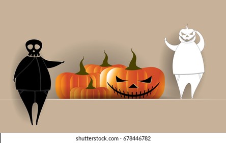 Black and white color ghost with pumpkins background design concept as Vector illustration for Halloween