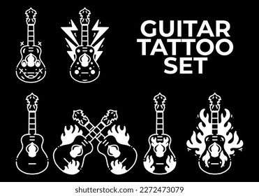 Black and white color of guitar line art tattoo design set