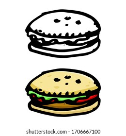 black and white and color hamburger cartoon object, vector doodle art