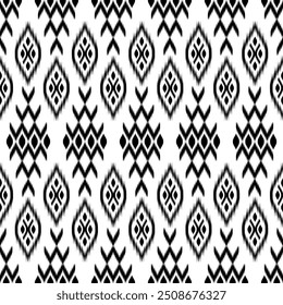 Color blanco negro del patrón de Ikat, diseño de arte tailandés, estilo del ornamento de Ikat, impresión de Ikat. Ética tradicional geométrica Abstractas del patrón inconsútil para la decoración, ropa, tela, materia textil, moda.