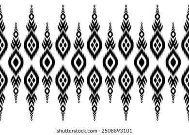 Cor branca preta do padrão Ikat, design de arte tailandês, estilo de ornamento Ikat, impressão Ikat. Abstrato padrão geométrico sem costura ética tradicional para decoração, roupas, tecido, têxtil, moda.