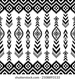 Black White Color of Ikat pattern, Thai art design, Ikat Ornament style, Ikat Print. Abstract geometric seamless pattern traditional ethic for decoration, clothing, fabric, textile, fashion.