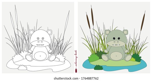 Black and white and color images for a color book. Contour drawing with children's themes. On the Bank of the pond among the plants sits a small Hippo. For color books, children's prints and covers.