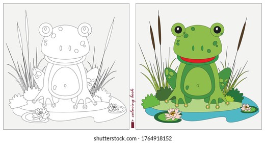 Black and white and color images for a color book. Contour drawing with children's themes. On the Bank of the pond among the plants and water lilies sits a small frog. 