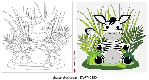 Black and white and color images for a color book. Contour drawing with children's themes. A Zebra cub is sitting in a clearing among reeds and ferns. For color books, children's prints, postcards