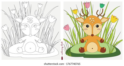 Black and white and color images for a color book. Contour drawing with children's themes. A fawn is sitting in a clearing among reeds and ferns. For color books, children's prints, postcards