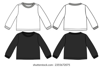 Black and white color long sleeve t shirt tops technical Drawing fashion flat sketch vector illustration template for kids