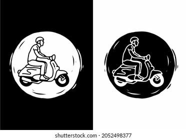 Black and white color of man riding scooter line art design