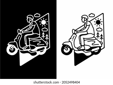 Black and white color of man riding scooter line art design