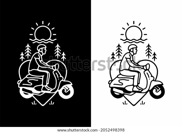 Black and white color of man riding scooter line\
art design