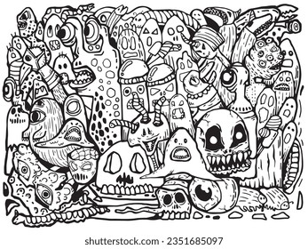 Black and White Color Scheme Grafiti Drawing Doodle Art Pattern Halloween Monster For Textile Shirt Clothing Cool background, skateboard printing background, shoes and bags.