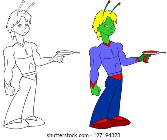 Black and white and color set of an alien pointing a ray gun