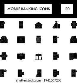 Black and White Color Set of Mobile Banking Icon In Flat Style.