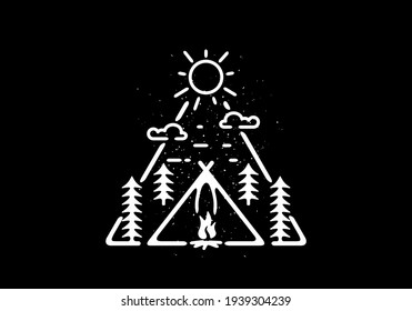 Black and white color of tent and bonfire line art illustration design