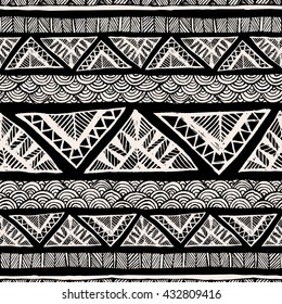 black and white color tribal doodle seamless pattern. aztec abstract geometric art print. hand drawn.  