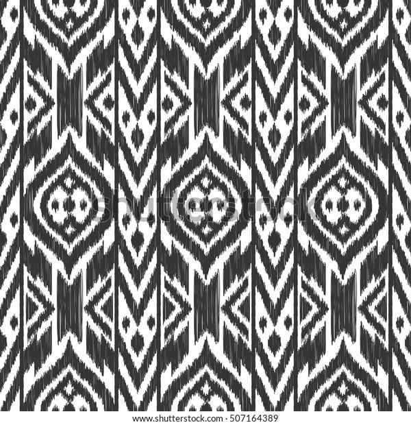 白黒のトライバルイカットベクターシームレスパターン アステカの抽象的な幾何学的なアートプリント ナバホのベクター画像の背景 壁紙 布のデザイン 布地 紙 カバー テキスタイルテンプレート のベクター画像素材 ロイヤリティフリー