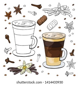 Black and white and color vanilla cappuccino and spices on white background. Hand drawn vanilla cappuccino