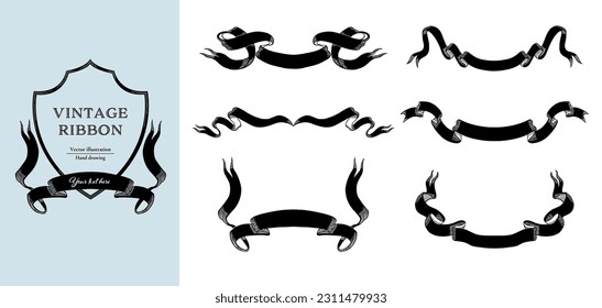 Black and white color vintage ribbon vector illustration set. Hand drawn line art for wedding design. 