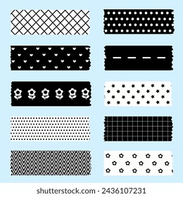 Black and White Color Washi Tape With Patterns Vector Collection Isolated in Blue Background