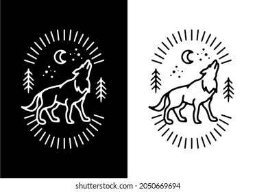 Black And White Color Of Wolf Line Art Design