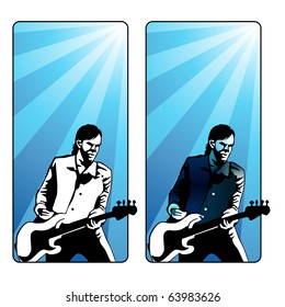 black and white and colored bass guitar player vector illustration