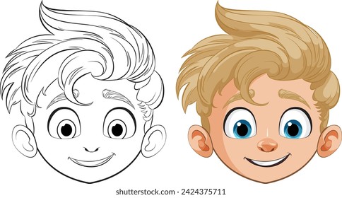 Black and white and colored boy illustrations side by side.