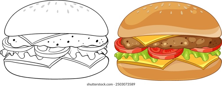 Ilustraciones de hamburguesas en blanco y negro y de colores