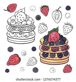 Black and white and colored cake with strawberry and blueberry isolated on white background. Strawberry and blueberry cake.