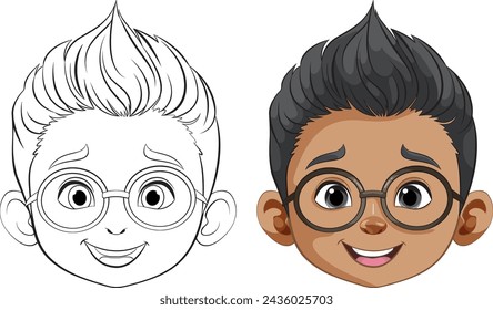 Black and white and colored cartoon boy faces