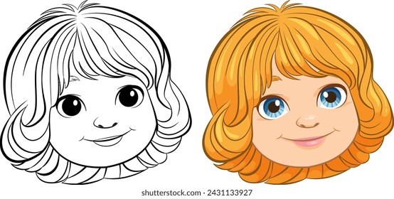 Black and white and colored cartoon girl faces.