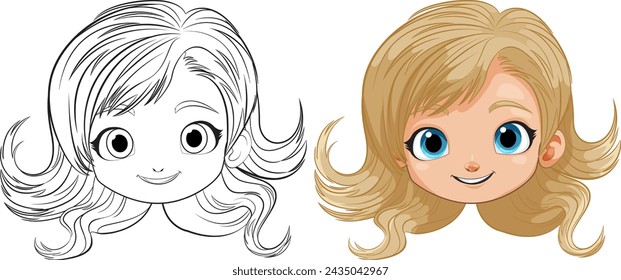 Black and white and colored cartoon girl faces
