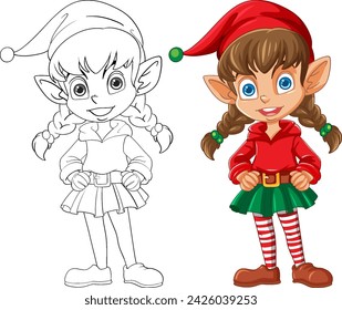 Black and white and colored Christmas elf illustrations.