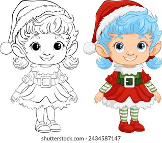 Black and white and colored Christmas elf drawings.